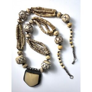 Vintage Tribal Carved Bovine Bone Necklace Multi Strand Bohemian Statement
